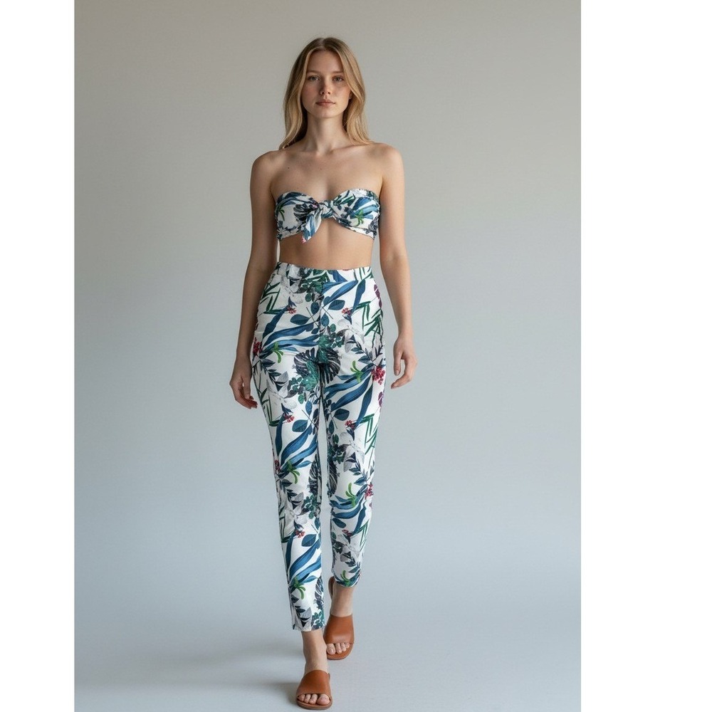 Voila Tropical Botanical 2 Piece Set Bandeau Top & High Waist‎ Pants Medium